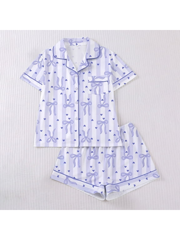 Valentines Pajamas for Women Set Bow Printing Button Up Pjs Short Sleeve Ruffle Sleepwear Notch Collar Bride Soft Comfy Pj Lounge Sets Purple L