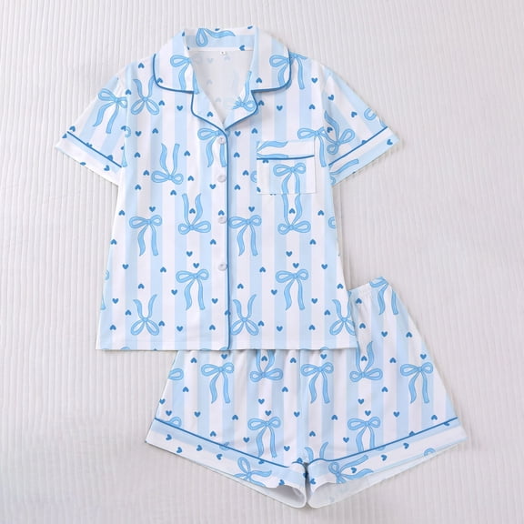 FASHOFT Valentines Pajamas for Women Set Bow Printing Button Up Pjs Short Sleeve Ruffle Sleepwear Notch Collar Bride Soft Comfy Pj Lounge Sets Blue L