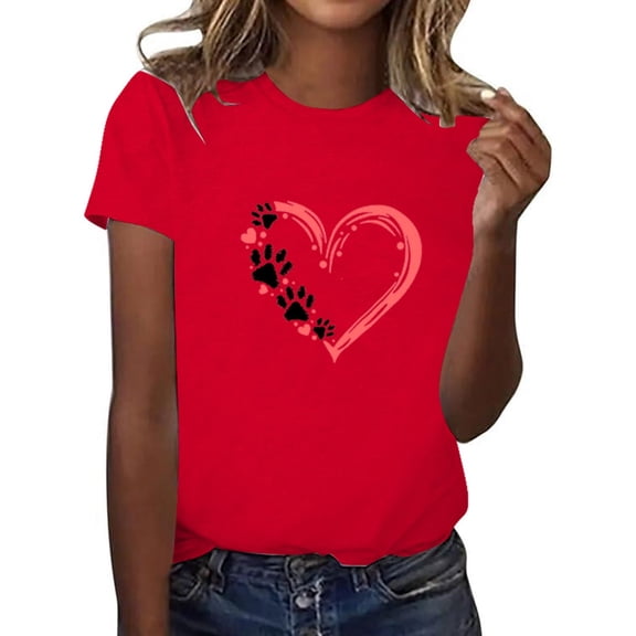 FASHOFT Valentines Shirt Women Funny Love Heart Graphic Tees Valentines Gift T Shirt Crew Neck Short Sleeve Top Hot Pink L