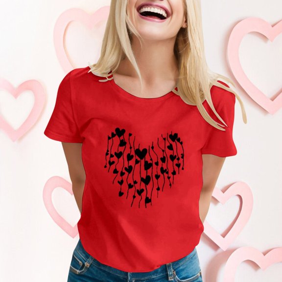 FASHOFT Valentines Shirt Women Funny Love Heart Graphic Tees Valentines Gift T Shirt Crew Neck Short Sleeve Top Red L