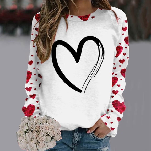 FASHOFT Valentines Shirts for Women Cute Love Heart Graphic Shirts Heart Print Long Sleeve Tops Crewneck Pullover Sweatshirt White M