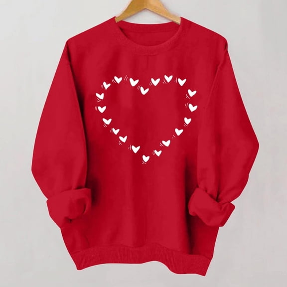 FASHOFT Valentines Sweatshirt For Women Love Heart Print Letter Printed Round Lover Hoodless Hoodie Valentine's Long Sleeve Tops Holiday Casual Pullover Red L