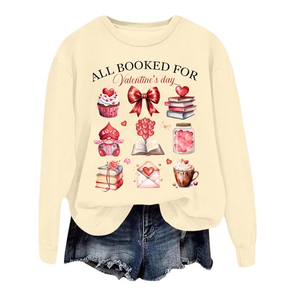 FASHOFT Valentines Sweatshirt for Women Love Heart Graphic Pullover Crewneck Long Sleeve Tops Valentine's Day Sweatshirts Beige XXL