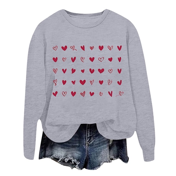 FASHOFT Valentines Sweatshirts for Women Love Heart Graphic Pullover Crewneck Long Sleeve Tops Valentine's Day Sweatshirt Grey L