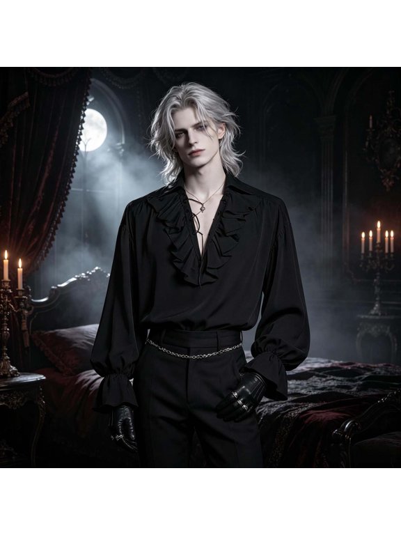 Vampire Halloween Costumes For Men Gothic Printed Top Cosplay Shirt For Masquerade Party Stage Photo Shoot Dress Up Attire Halloween Shirts S