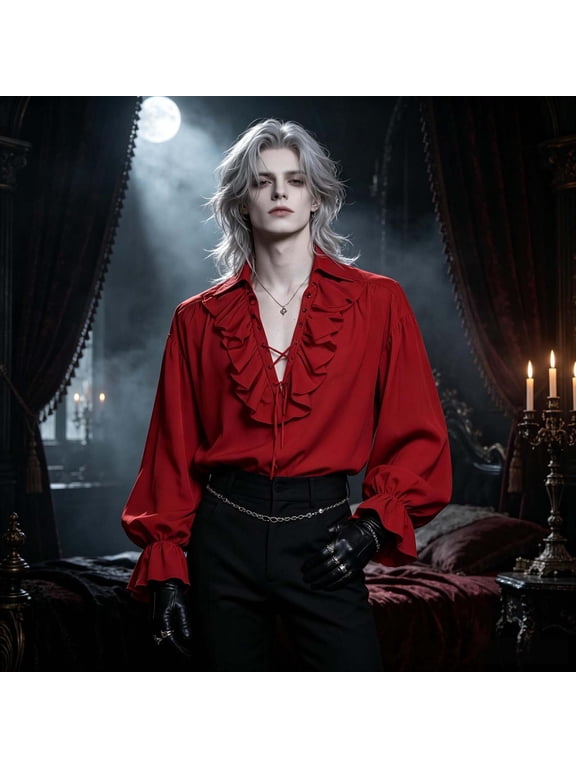 Vampire Halloween Costumes For Men Gothic Printed Top Cosplay Shirt For Masquerade Party Stage Photo Shoot Dress Up Attire Halloween Shirts XL