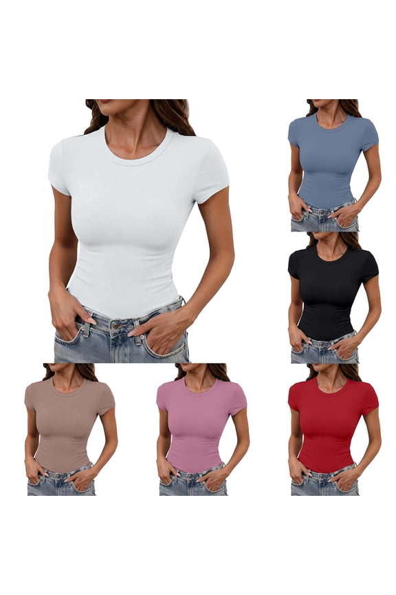 Versatile Tight T Shirts for Women High Round Neck Short Sleeve Slim Sexy Top Shirt Black M