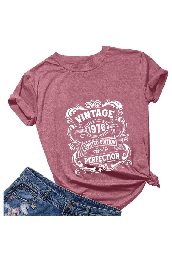 Vintage 1976 Birthday T-Shirt for Women Retro Fifty Years Graphic Tee 50th Birthday Gifts for Her Pink M