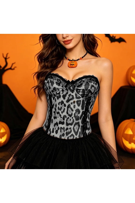 White Corset Shapewear For Women Y2K Wild Leopard Print Back Hook Closure Boned Bustier Waist Cinching Trendy Streetwear Body Shaper Corset L