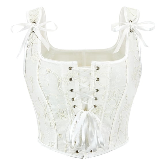 FASHOFT White Renaissance Corset Top For Women White Jacquard Pattern Double Shoulder Strap Boned Bustier Waist Cinching Bust Support Vintage Body Shaper Top White Corset Top L