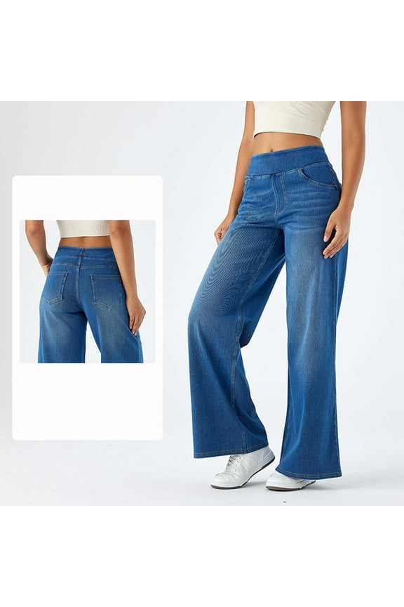 Wide Leg High Waisted Jeans for Women Pull On Baggy Jean Trendy Stretchy Straight Leg Denim Pants Blue XL