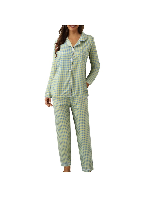 Winter Pajamas for Women Set with Pockets Plaid Graphic Long Sleeve Sleepwear Button Down Long Pants Loungewear Soft 2 Piece Pj Set M L