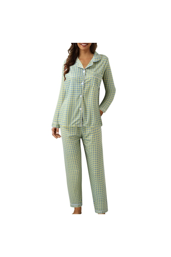 Winter Pajamas for Women Set with Pockets Plaid Graphic Long Sleeve Sleepwear Button Down Long Pants Loungewear Soft 2 Piece Pj Set M M
