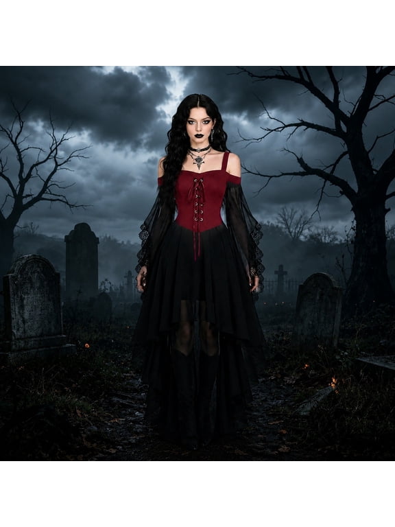 Witch Dress for Women Halloween Vampire Butterfly Sleeve Mesh Gothic Outfits Renaissance Dress