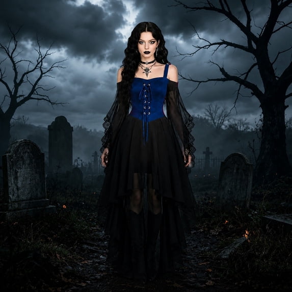 FASHOFT Witch Dress for Women Halloween Costumes Medieval Vampire Butterfly Sleeve Mesh Gothic Outfits Renaissance Dress