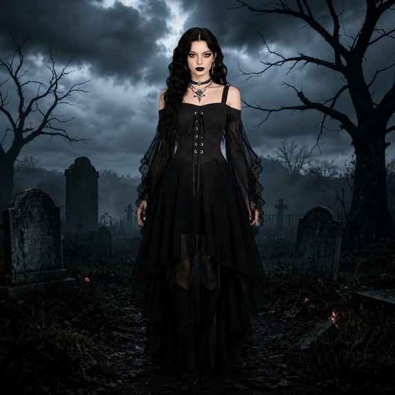 FASHOFT Witch Dress for Women Halloween Vampire Butterfly Sleeve Mesh Gothic Outfits Renaissance Dress
