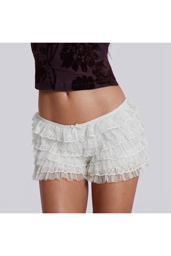 Women Bloomers Ruffle Shorts Lace Cute Pumpkin Pants Boyshorts Layered Y2k Mini Shorts Pettipants White L
