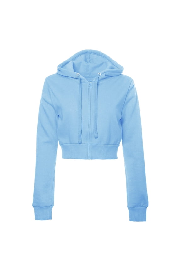 Women Full Zip Up Cropped Hoodie Sweatshirt 90s Long Sleeve Drawstring Hooded Crop Jacket Top with Pockets Light Blue L