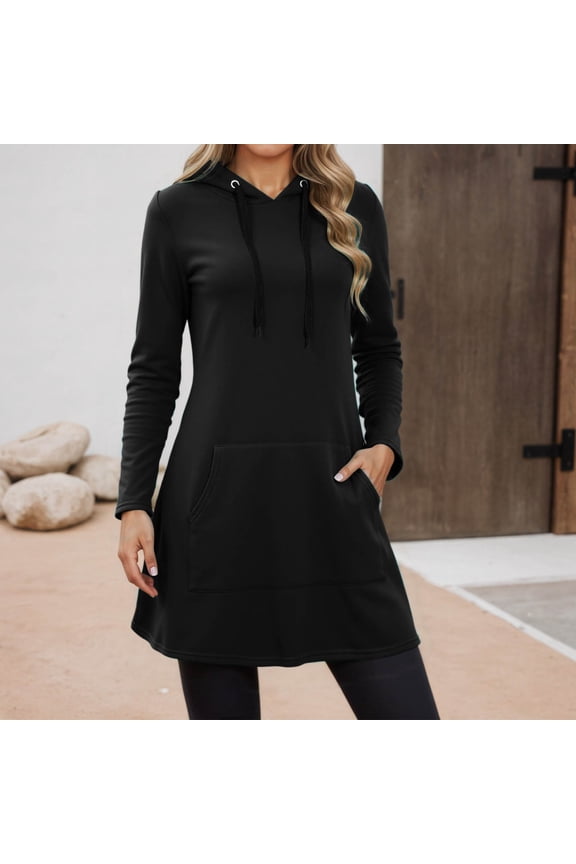 Women Hoodies Dress Hooded Sweatshirts Dress Casual Long Sleeve Tunic Dress Oversized Sweatshirt with Pocket Black XXXXXL