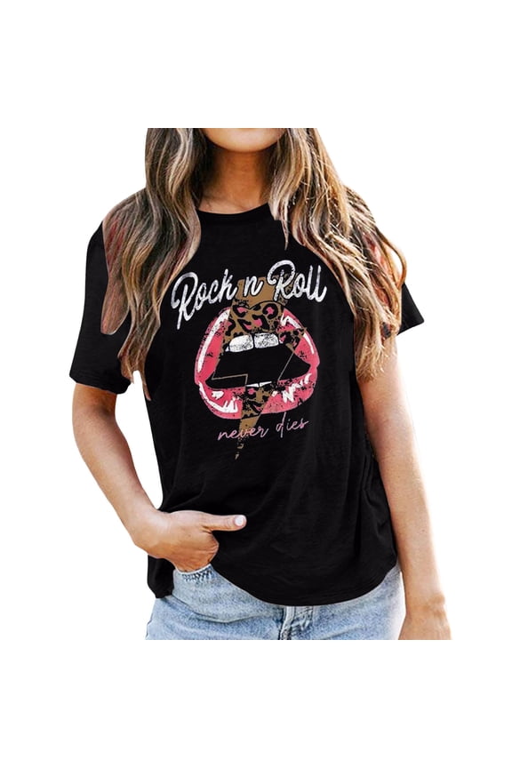 Women Rock Tees Short Sleeve Print Relaxed Fit For Outdoor Outings And Concert Wear Casual Tees Black XXL