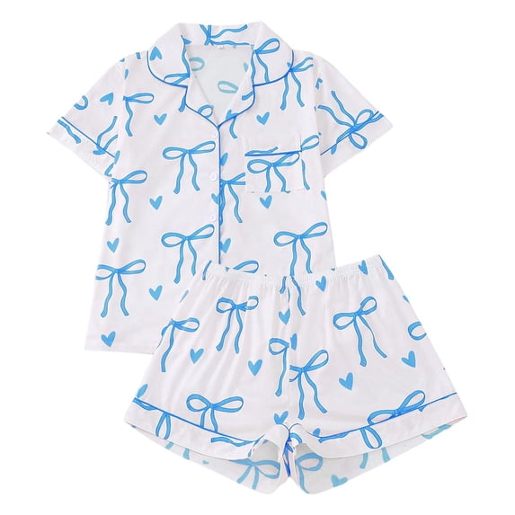 FASHOFT Women's 2 Piece Bow Print Pajama Set Short Sleeve Button Down Lounge Shorts Sleepwear Sets Blue XL