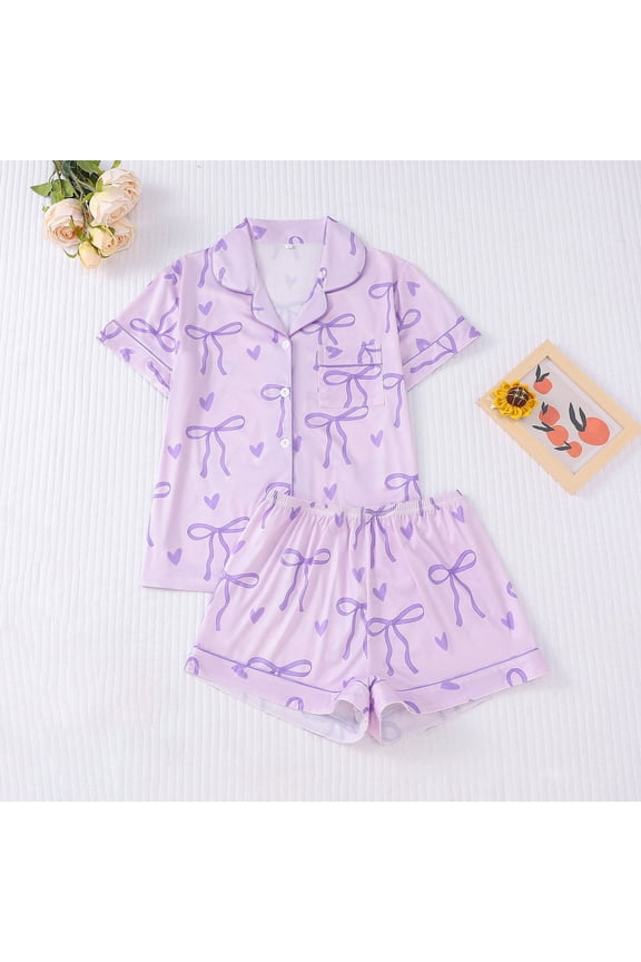 Women's 2 Piece Bow Print Pajama Set Short Sleeve Button Down Lounge Shorts Sleepwear Sets Purple L