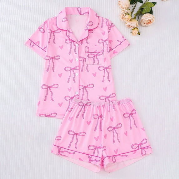 FASHOFT Women's 2 Piece Bow Print Pajama Set Short Sleeve Button Down Lounge Shorts Sleepwear Sets Red M
