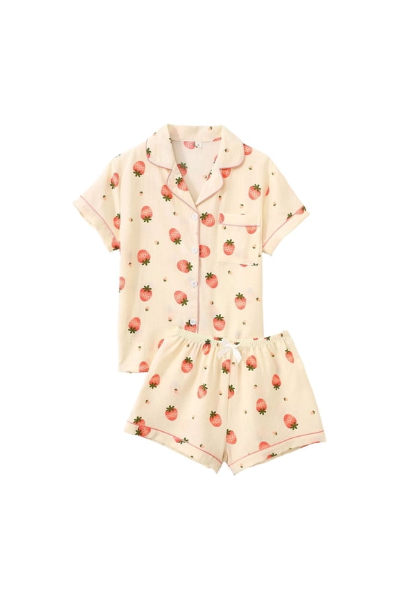 Women's 2 Piece Pajama Sets Summer Pajamas Cute Pj Set Lounge Matching Pjs Button Shirt with Shorts Beige L