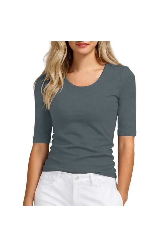 Women's 3/4 Sleeve T-Shirt Solid Color V Neck Top Slim Fit Base Layer Inner Blouse Dark Gray L/..