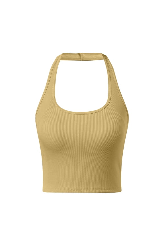 Women's Built in Shelf Bra Tank Tops Halter Sleeveless Basic Camisole Stretchy Fitted Cami Tanks Yellow M