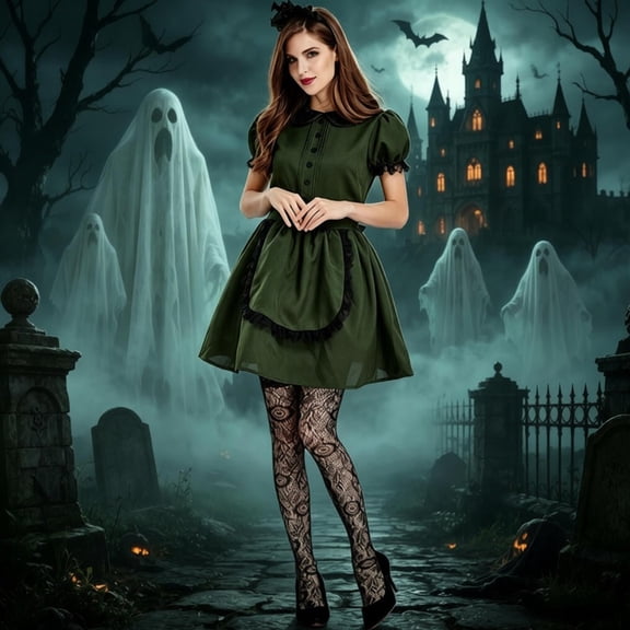 FASHOFT Women's Castle Maid Halloween Costumes Servant Cosplay Outfit Set Masquerade Party Stage Performance Dress Up Halloween Costume One Size