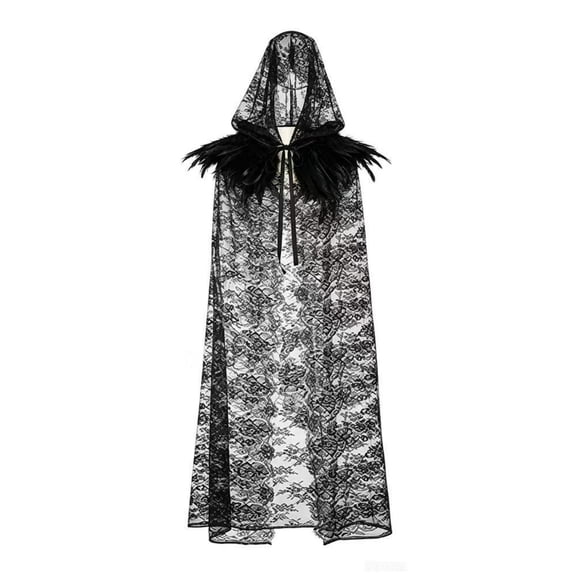 FASHOFT Women's Dark Feather Halloween Costumes Lace Hooded Cape Long Cloak Party Stage Performance Cosplay Outfit Halloween Costume 150