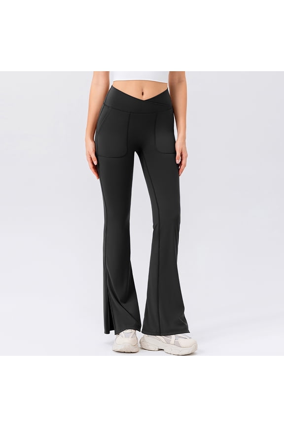 Women's Flare Leggings with Pockets Crossover High Waisted Bootcut Yoga Pants Tummy Control Bell Bottom Leggings Black XXL