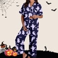 thumbnail image 1 of FASHOFT Women's Halloween Pajama Set Funny Ghost Pumpkin Print Silk Button Down Long Sleeve Pjs Lounge Sleepwear Dark Purple L, 1 of 7