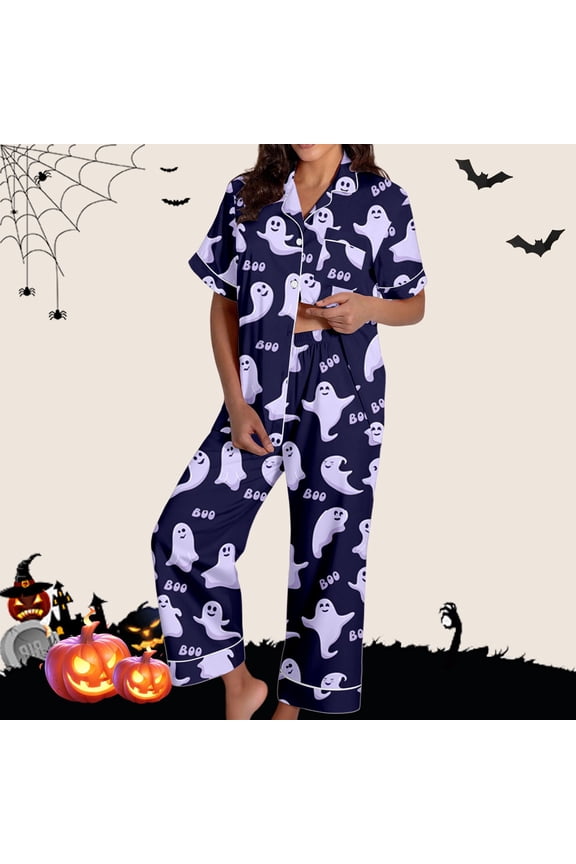 Women's Halloween Pajama Set Funny Ghost Pumpkin Print Silk Button Down Long Sleeve Pjs Lounge Sleepwear Dark Purple M
