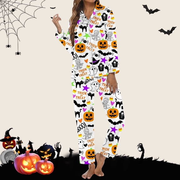 FASHOFT Women's Halloween Pajamas Set Ghost Pumpkin Print Silk Satin Long Sleeve Button Down Shirts Matching Pants Set Cute Comfy Pjs White M