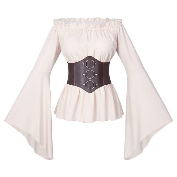 FASHOFT Women's Pirate Halloween Renaissance Pleated Waist Shirt Vintage Solid Color Blouse Cosplay Outfit Theme Party Stage Performance Dress Up Halloween L
