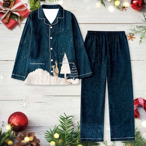 FASHOFT Women's Merry Christmas Pajamas Set Cute Xmas Graphic Long Sleeve Button Down 2 Piece Pjs Set Ruffle Notch Collar Sleepwear XL