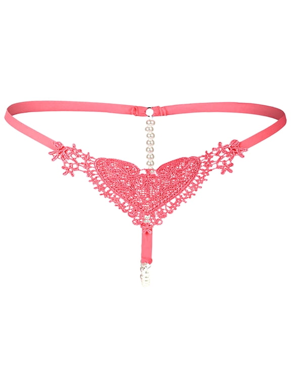 Women's Pearl T Back G String Embroidery Rose Flowers Beaded Thong Panty Underwear Micro Underpant Watermelon Red One Size