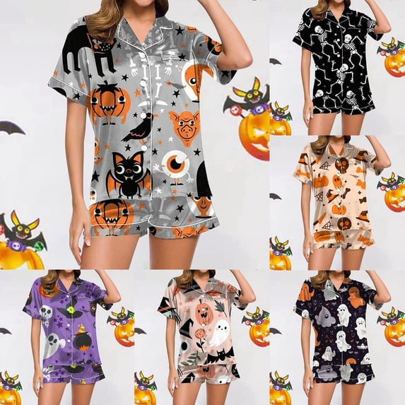 FASHOFT Women's Silk Satin Halloween Pajamas Set Funny Ghost Pumpkin Printing Short Sleeve Sleepwear Button Down Pjs Loungewear Grey S