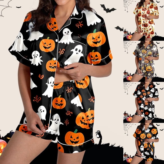 FASHOFT Women's Silk Satin Halloween Pajamas Set Funny Ghost Pumpkin Printing Short Sleeve Sleepwear Button Down Pjs Loungewear Orange M