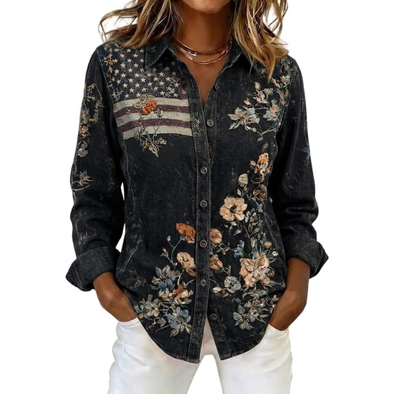 FASHOFT Womens 250 Anniversary USA Shirt Patriotic Long Sleeve Button Down Shirts 4th of July America Flag Graphic T-Shirts Black XL