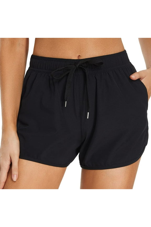 Womens 5" Swim Board Shorts Stretchy High Waisted Beach Shorts for Women Quick Dry UPF 50+ Swimsuit Bottoms Black L