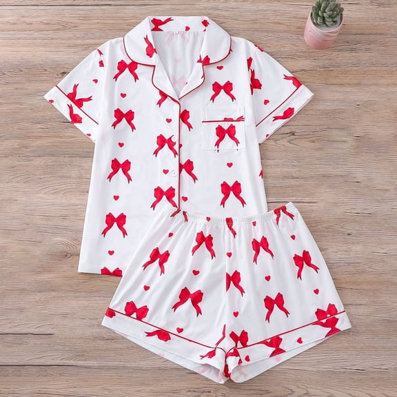 FASHOFT Womens Button Down Pajamas Set Valentine's Day Bow Printing Short Sleeve Sleepwear Bride Soft Comfy Pj Lounge Sets White L