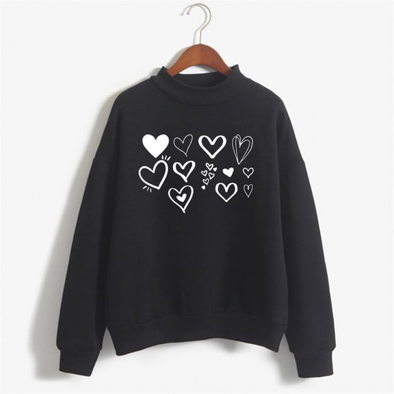 FASHOFT Womens Casual Heart Graphics Shirt Long Sleeve Pullover Loose Crewneck Cute Love Printed Sweatshirt Tops Black L