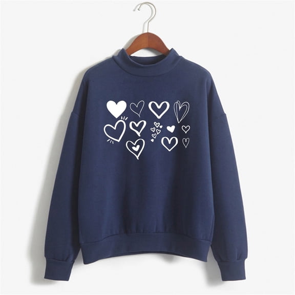 FASHOFT Womens Casual Heart Graphics Shirt Long Sleeve Pullover Loose Crewneck Cute Love Printed Sweatshirt Tops Dark Blue L