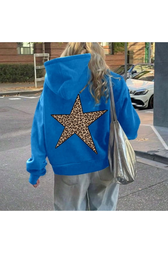 Womens Cheetah Leopard Star Hoodies Graphic Print Y2k Oversized Hooded Sweatshirt Pullover Tops Blue S