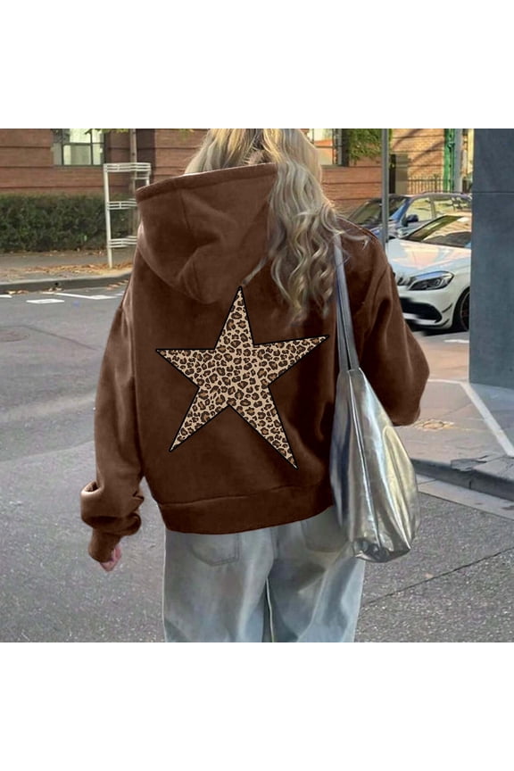 Womens Cheetah Leopard Star Hoodies Graphic Print Y2k Oversized Hooded Sweatshirt Pullover Tops Coffee XXXXXL