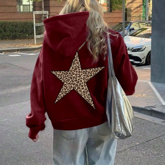 FASHOFT Womens Cheetah Leopard Star Hoodies Graphic Print Y2k Oversized Hooded Sweatshirt Pullover Tops Red S