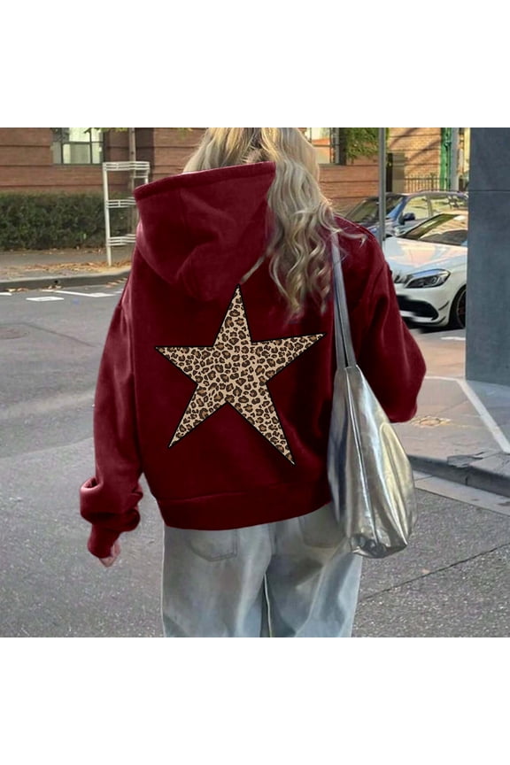 Womens Cheetah Leopard Star Hoodies Graphic Print Y2k Oversized Hooded Sweatshirt Pullover Tops Red S
